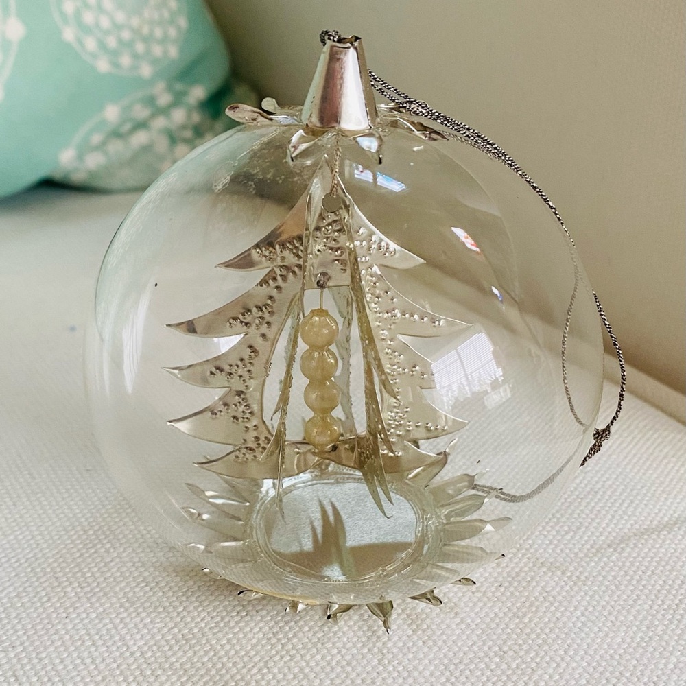 Vtg RESL LENZ Germany Tree Silver Foil Glass Spinner Diorama Christmas Ornament